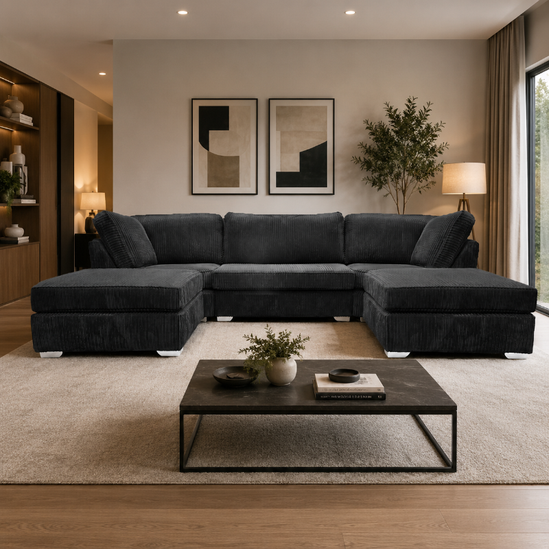 Modern U Shape Sofa – Jumbo Cord Corner Full Back Couch Foot Stool Large Suite Black