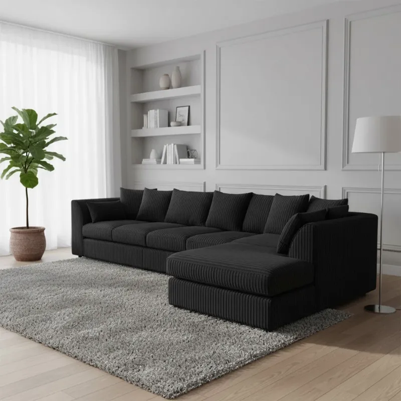 Jumbo Cord Sectional L shape 6 Seater Sofa Set Soft Fabric Black Sofa