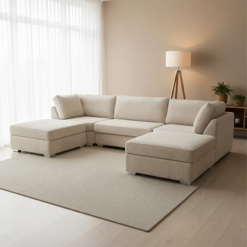 Modern U Shape Sofa – Jumbo Cord Corner Full Back Couch Foot Stool Large Suite Cream
