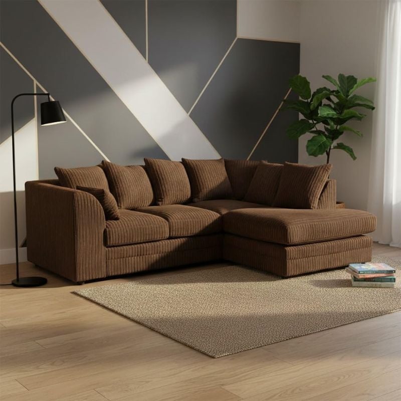 Jumbo Cord Corner L-Shape Sofa 4 Seater Soft Fabric Left/Right Hand Couch Brown