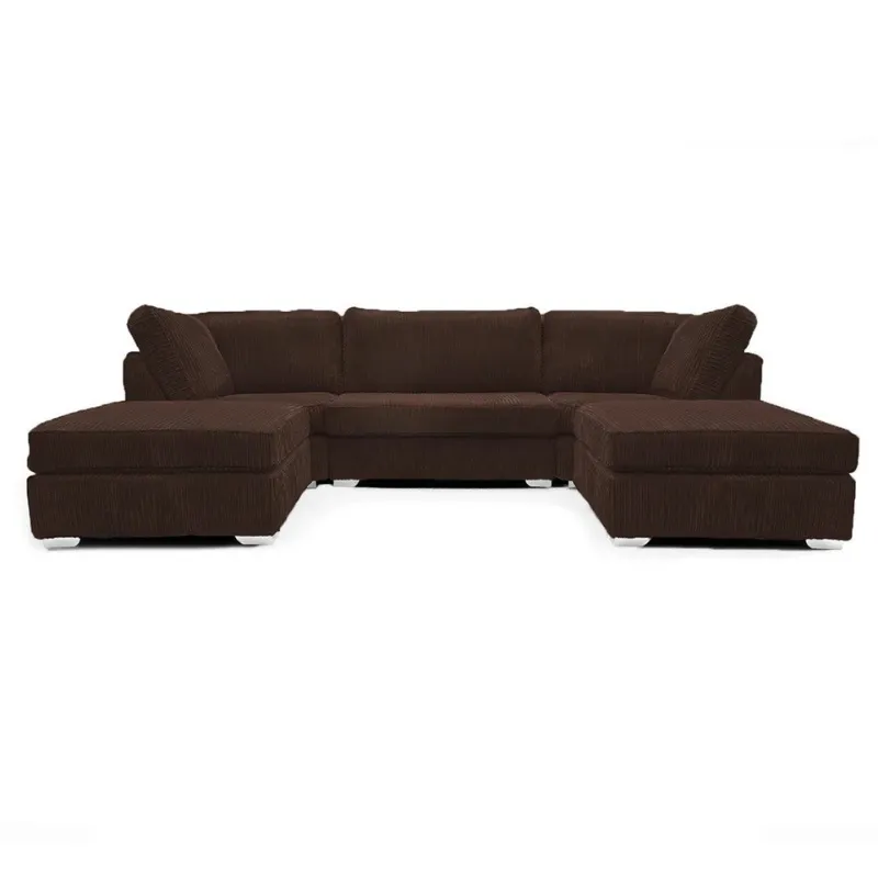 Modern U Shape Sofa – Jumbo Cord Corner Full Back Couch Foot Stool Large Suite Brown