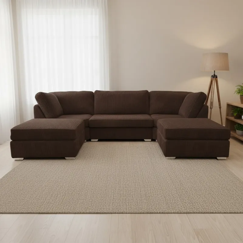 Modern U Shape Sofa – Jumbo Cord Corner Full Back Couch Foot Stool Large Suite Brown
