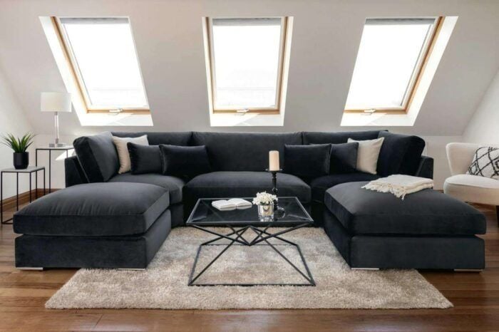Bishop U Shape Modular Sofa – 6 & 7 Seater Plush Velvet Corner Couch Black Luxury Modern Living Room Sofa