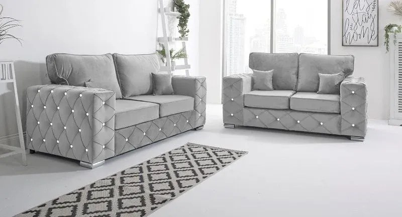 Milton Corner Chesterfield 3+2 Seater Sofa Set High Back Design Light Grey