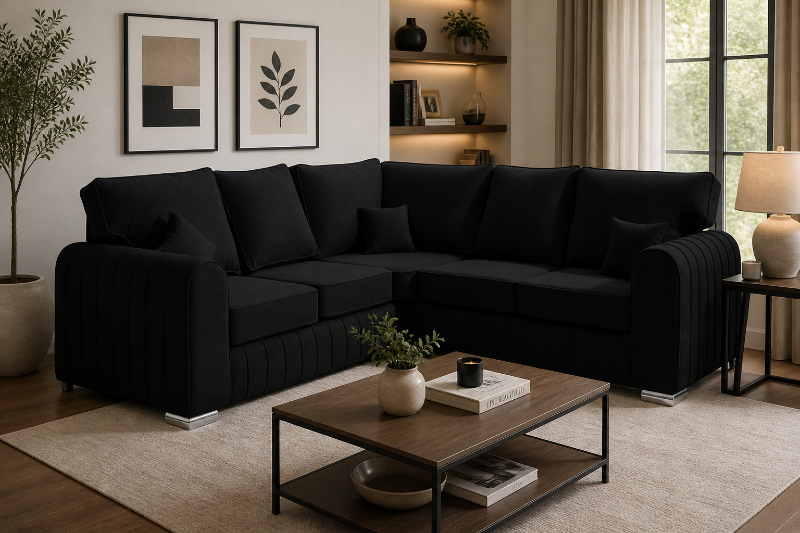 🛋️ Lilly Corner 5-Seater Sofa – Plush Velvet Black Luxury Sectional Couch