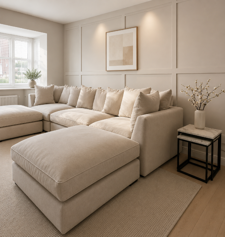 Bishop U shape Sofa Modular 6,7 Seater Couch Beige Scatter Back