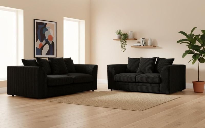 Jumbo Cord 3+2 Seater Sofa Black Suite Set Soft Fabric Living Room
