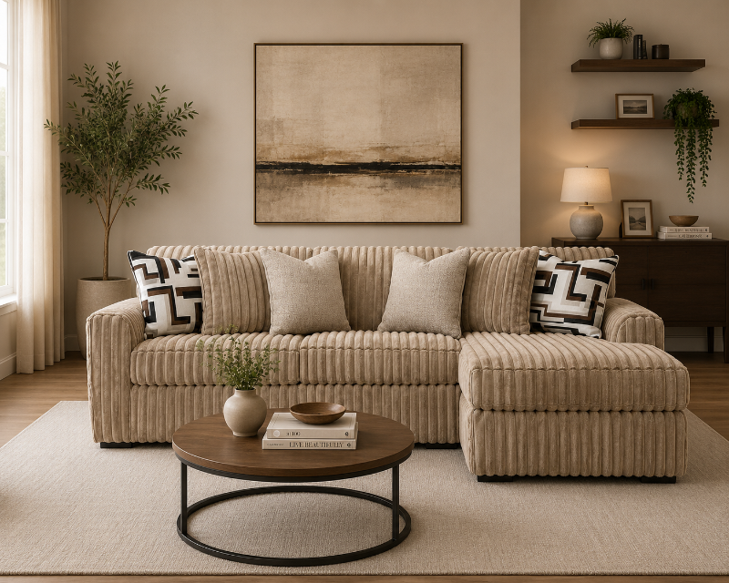 Midnight Madness Stupendous L-Shape Open Chaise Sofa Beige Modern Corner Lounge Couch