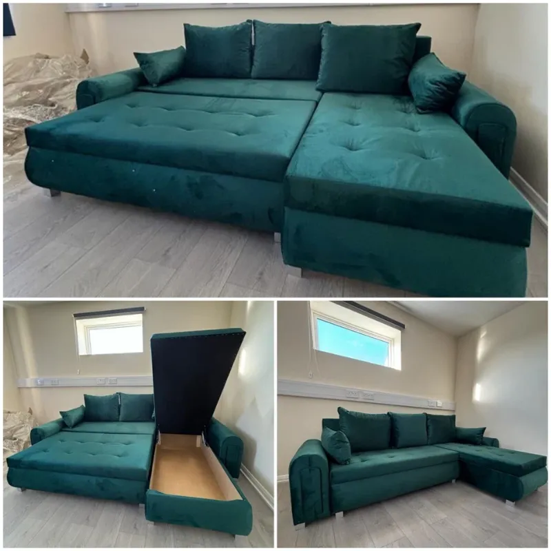 Berlin Corner Sofa & Sofa Bed – Plush Velvet Convertible Couch in Green