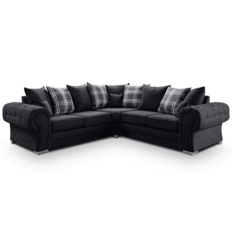 Chesterfield Verona Grey Corner Sofa Suite Scatter Cushions Black Sofa
