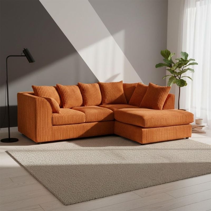 Jumbo Cord Corner L-Shape Sofa 4 Seater Soft Fabric Left/Right Hand Couch Orange