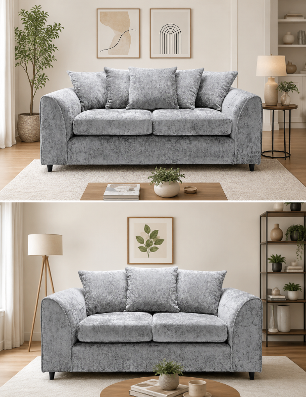 Chenille 3+2 Seater Sofa Set Light Grey Scatter Back Cushions | Modern Fabric Sofa Suite