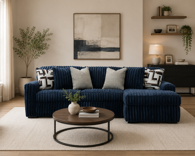 Midnight Madness Stupendous L-Shape Open Chaise Sofa Blue Modern Corner Lounge Couch