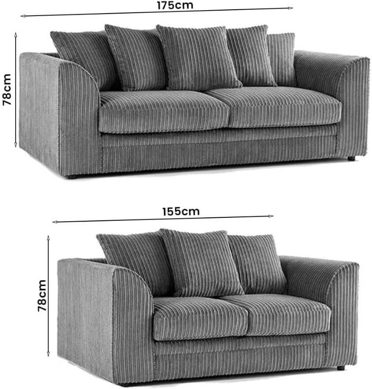 Jumbo Cord 3+2 Seater Sofa Grey Suite Set Soft Fabric Living Room