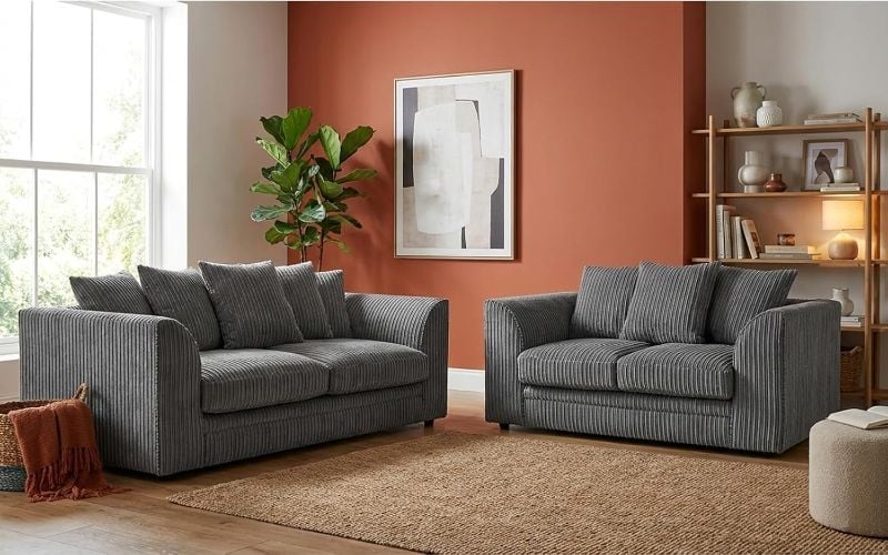 Jumbo Cord 3+2 Seater Sofa Grey Suite Set Soft Fabric Living Room