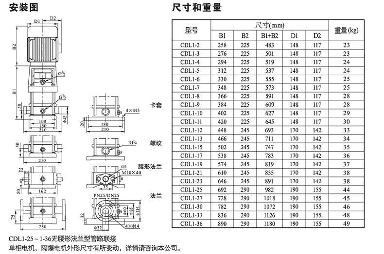 Multistage Centrifugal Pump, CDL1-8FSWPC (Nan Pump) Diameter DN25 Flow 1 cubic head 45 Power 0.55KW