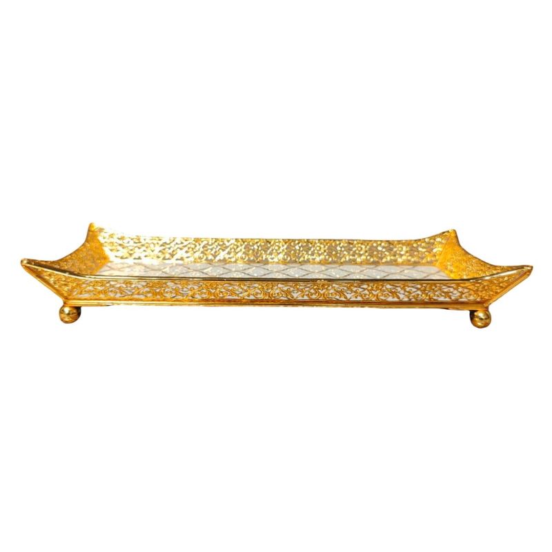 (TPM-1596) Gold Metal And Patterned Mirror Tray M