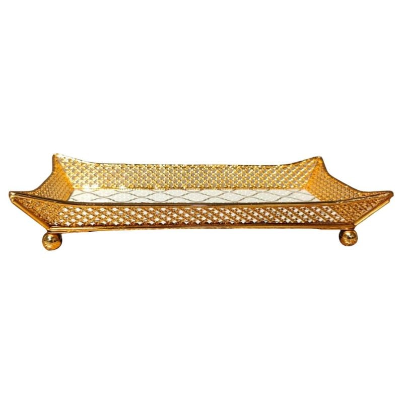 (TPM-1599) Gold Metal And Patterned Mirror Tray Sma