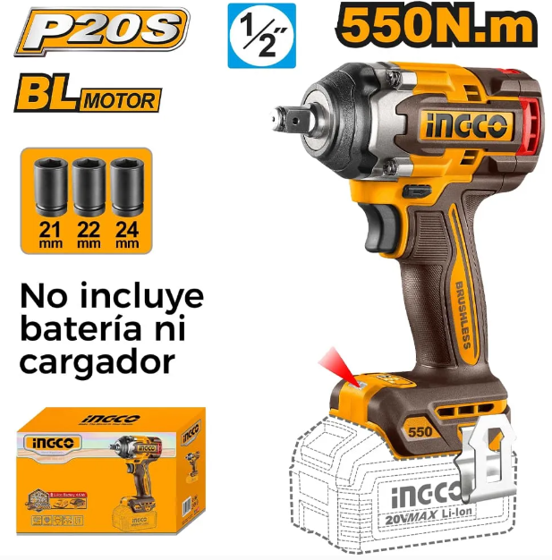 Llave Impacto Super Ingco - P20S 550N.M Brushless S/Bateria C/Carton - Ciwli20551 IG-CIWLI20551