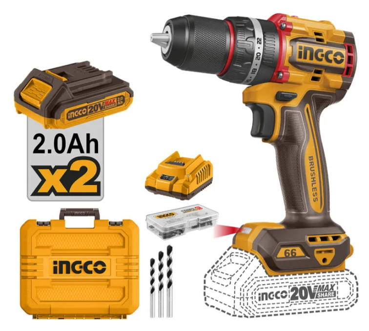 Taladro Atornillador Percutor Super Ingco - P20S 66N.M Brushless C/2Xbateria C/Cargador C/Maletin - Cidli20668-4