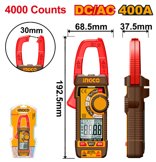 Tester Pinza Amperimétrica Digital Super Ingco - DC/AC 400A - Dcm62002