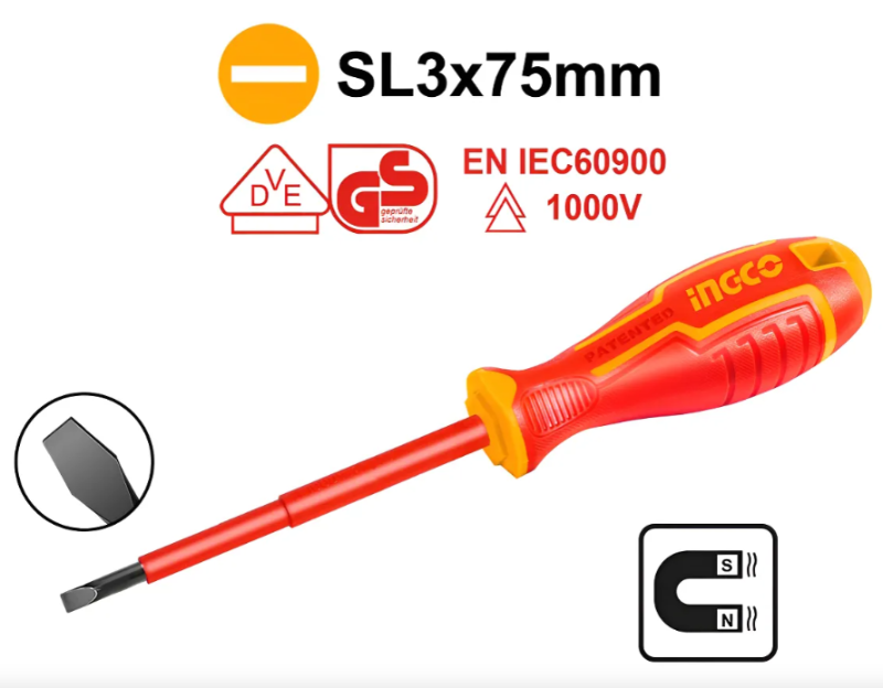 Destornillador Dielectrico Plano Ingco Sl3.0X075Mm - Industrial - Hisd813075