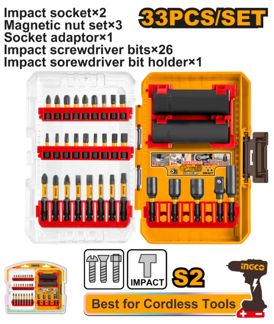 Set Puntas + Bocallave de Impacto x33Pcs P/Taladro Impacto Super Ingco - Akdl63306