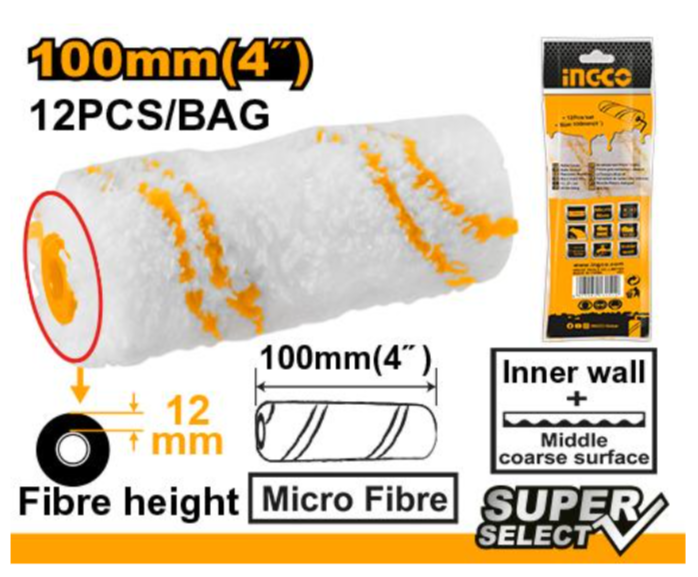 Set x12 Pcs Rodillos Mini Micro Fibra 100mm(4") (pared interior) S/Mango Ingco - HRC560412