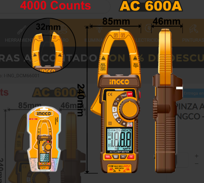 Tester Pinza Amperimétrica Digital Super Ingco - AC 600A - DCM66001