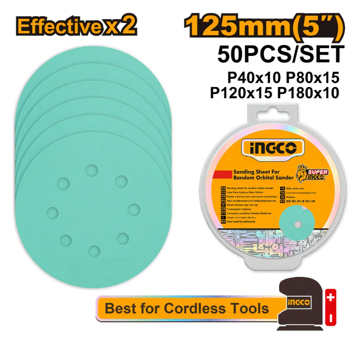 Lija Multiuso Para Lijadora Rotorbital Super Ingco 125mm(5") (x50 Pcs) - AKRS125050