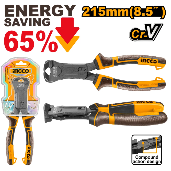 Alicate Corte Frontal Accion Compuesta Ingco - 215Mm (8.5") Energy Saving 65% - Industrial - Hcecp58200