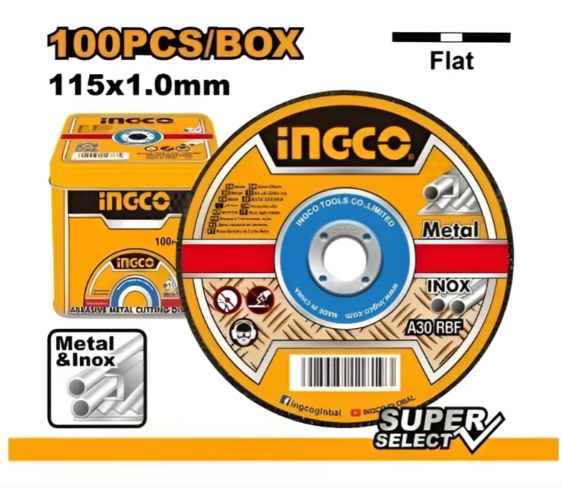 Disco Corte Abrasivo Metal Plano Super Ingco - 115x1.0x2.22mm (SET x 100 Und) - Mcd10115100