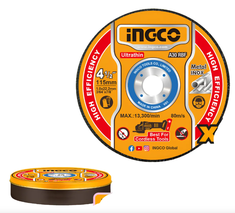 Disco Corte Abrasivo Metal Centro Plano Super Ingco - 115x1.0x22.2mm (SET x 25 Und) - Mcd11011525