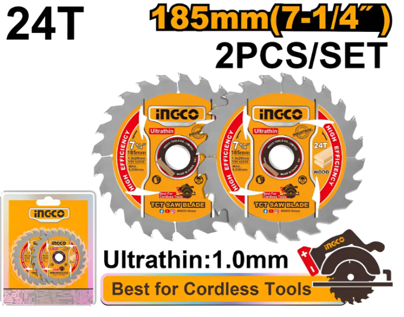 Disco P/ Sierra Circular Ingco 185Mm (7-1/4") 24 Dientes (Set X 2Pcs) - Industrial - Tsb1853