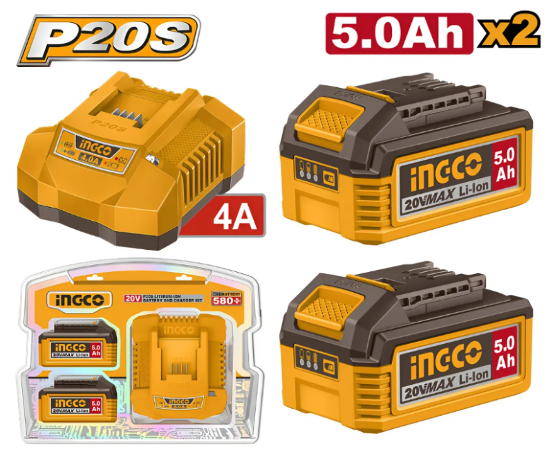 Set Bateria (X2) 5,0Ah + Cargador 4.0Ah Super Ingco - P20S C/Display - FBCPK2513-4