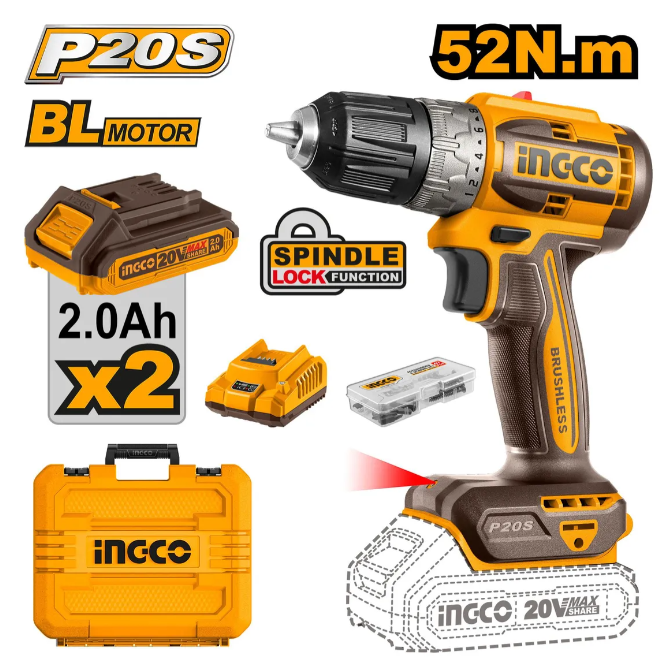 Taladro Atornillador Super Ingco - P20S 52N.M Brushless C/2Xbateria C/Cargador C/Maletin - Cdli20453-4