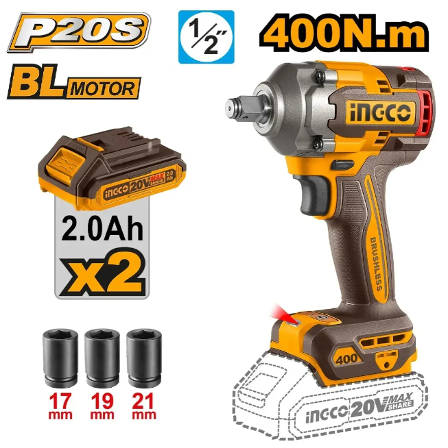Llave Impacto Ingco - P20S 400N.M Brushless C/2Xbateria C/Cargador C/Maletin - Ciwli2040-4