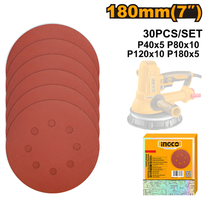 Lija Madera Para Lijadora Rotorbital Super Ingco - 180mm (7") Blister x 50 Pcs- Akrs180030