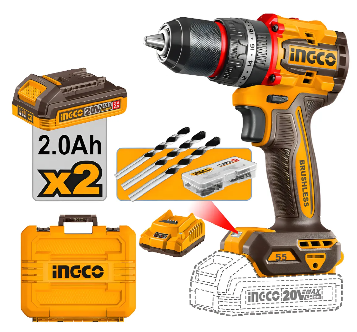 Taladro Atornillador Percutor Super Ingco - P20S 55N.M Brushless C/2Xbateria C/Cargador C/Maletin - Cidli20558-4