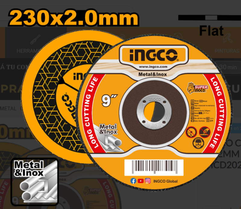 Disco Corte Abrasivo Metal Centro Plano Super Ingco - 230x2.0x22.2mm - MCD202303