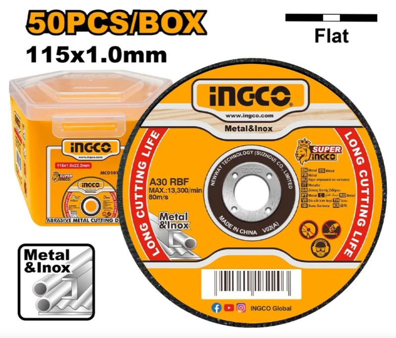 Disco Corte Abrasivo Metal Plano Super Ingco - 115x1.0x2.22mm (SET x 50 Und) - Mcd1011550