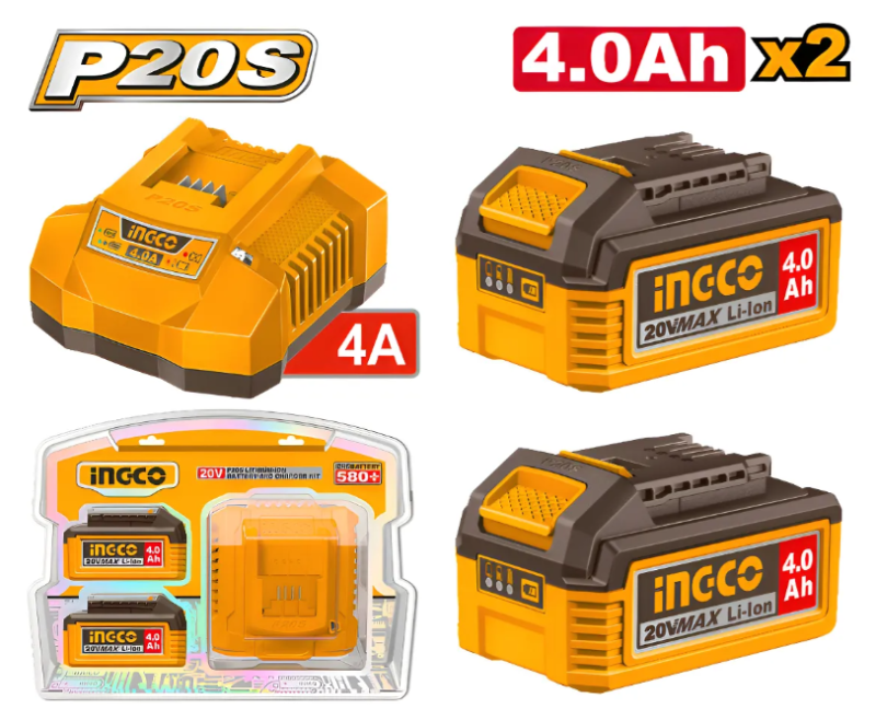 Set Bateria (X2) 4,0Ah + Cargador 4.0Ah Super Ingco - P20S C/Display - Fbcpk2013-4