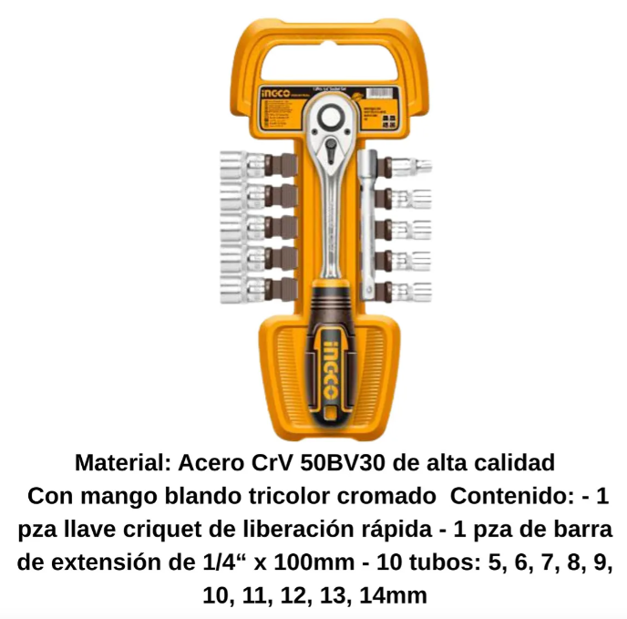 Juego Bocallaves + Criquet Super Ingco Industrial - 12Pcs 1/4" - Hkts14122