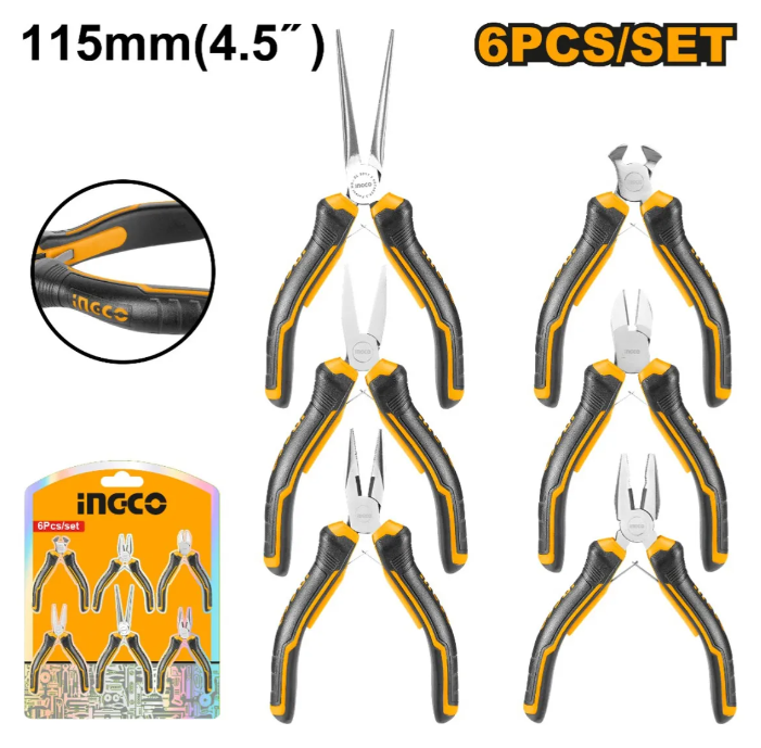 Set Mini Pinzas y Alicates 6Pcs - 4,5" - Super Ingco - Hmps06115