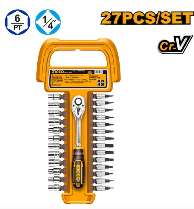 Juego Bocallaves Y Puntas Con Criquet Super Ingco Industrial - 27Pcs 1/4" - Hkts14271