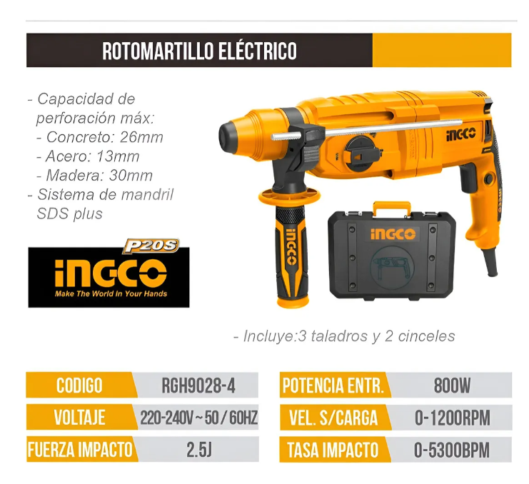Rotomartillo Super Ingco - 26Mm - 2.5J 800W 220-240V C/Cable C/Maletin - Rgh9028-4