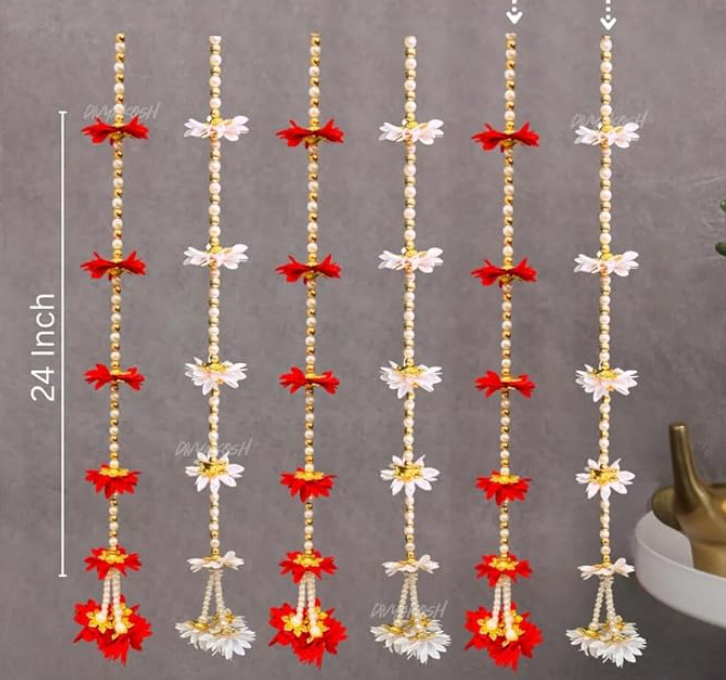 Fabric Latkan (Red And White Flower Strings) Decoration Hangings (Pack of 6, Size 2 FT Each)