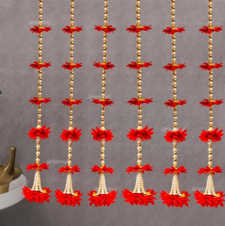 Fabric Latkan (Red Flower Strings) Decoration Hangings (Pack of 6, Size 2 FT Each)