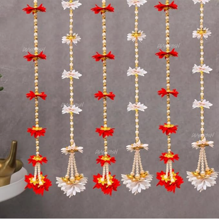 Fabric Latkan (Red And White Flower Strings) Decoration Hangings (Pack of 6, Size 2 FT Each)