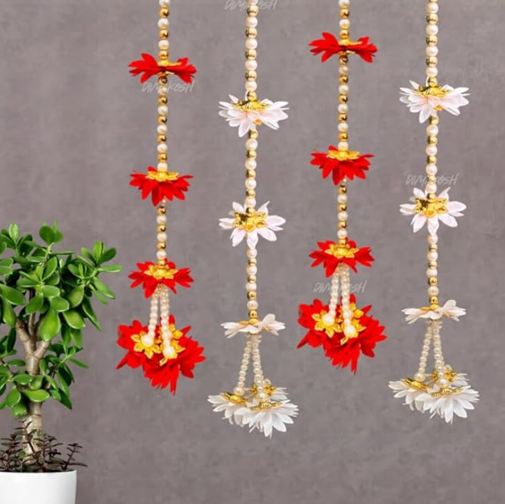 Fabric Latkan (Red And White Flower Strings) Decoration Hangings (Pack of 6, Size 2 FT Each)